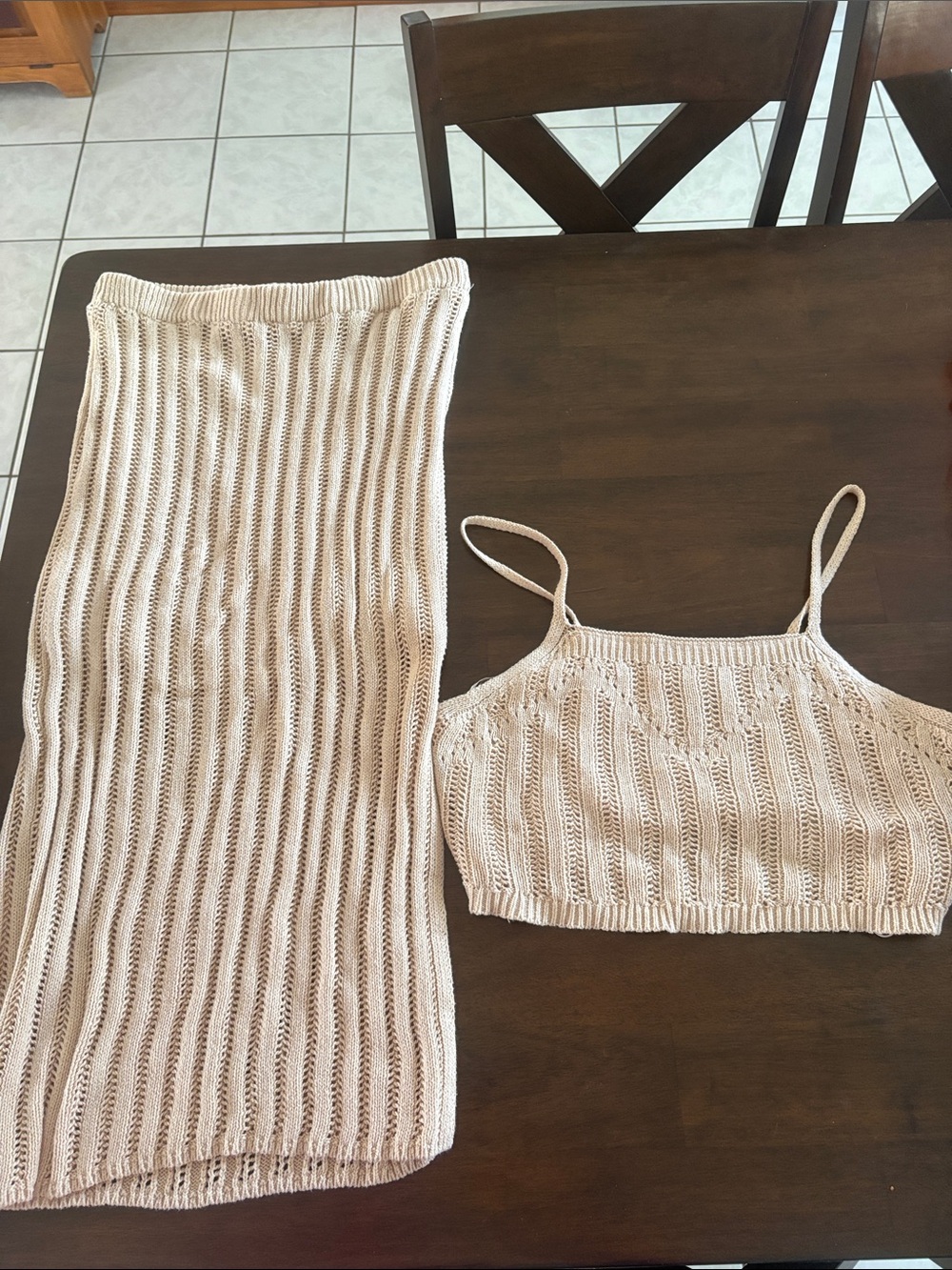 Freshman Beige Open-Knit Midi Skirt